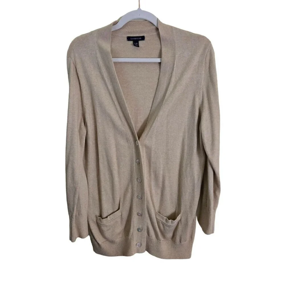 Lands' End Neutral Beige Long Line Grandma Sweater Pockets Button Closure Size L